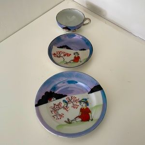 Vintage, ceramic, doll size, teacup/saucer/plate. Blue luster. Cute display!